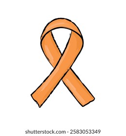 Orange ribbon isolated for Multiple sclerosis. Vector hand drawn illustration. Doodle style. Design element.