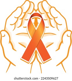 Orange ribbon supported in the hands. Ideal for awareness and education campaigns