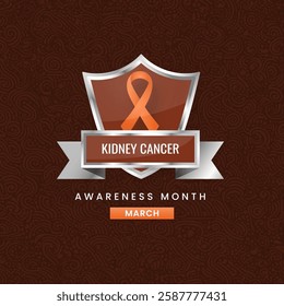 A orange ribbon, the symbol of International Kidney Cancer Awareness Month, displayed on a silver shield with a floral background.