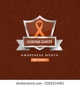 A orange ribbon, the symbol of International Leukemia Cancer Awareness Month, displayed on a silver shield with a floral background.