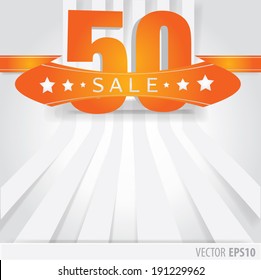 Orange Ribbon with text sale 50 percent and stripes as a background