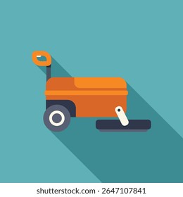 Orange ride on lawnmower cutting grass with long shadow on turquoise background, flat design illustration