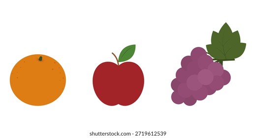 Orange and Rip Grape Bunch and Red apple Menu Cards Labels Minimalistic Flat design Seasonal Fruits. Isolated Vector illustration Sticker Icon Themed or Recipe Card Print Material Banner, leaflet, tag