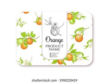 Orange. Ripe citrus. Template for product label, cosmetic packaging. Easy to edit. Graphic drawing, engraving style. Vector illustration.