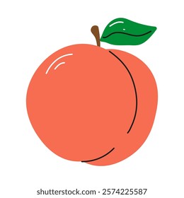 Orange ripe peach with green leaf in flat style on white background. Juicy peach isolated icon