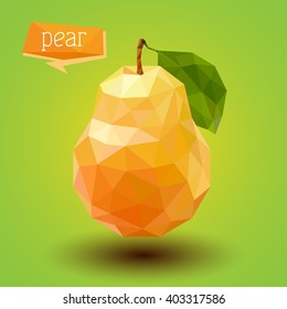 orange ripe pear with leaf on green background