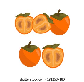 Orange ripe persimmon, persimmon cut on an isolated background .vector illustration in cartoon style flat