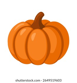 Orange ripe pumpkin. Cozy autumn element for Thanksgiving and Halloween design. Cartoon vector illustration isolated on white background.