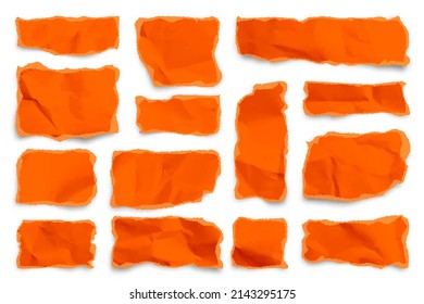 Orange ripped paper strips on white background. Realistic colorful crumpled paper scraps with torn edges. Shreds of notebook pages. Vector illustration