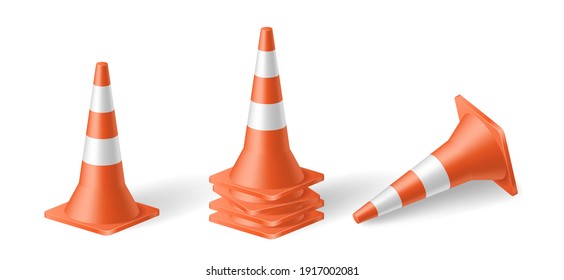Orange road cones with white stripes: realistic 3d set isolated on white background. Road plastic cones with shadows. Vector illustration