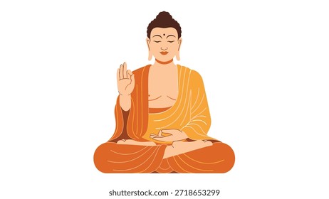 Estatua de Buda vestida de naranja representada en postura meditativa con gesto de palma levantada
