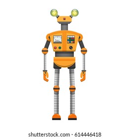 Orange robot with big artificial eyes isolated on white background. Android with pincer hands and two horns, metal head, long iron body, powerful legs fastened by black waist vector illustration.