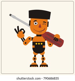 Orange robot in cartoon style shows "Ok" with large screwdriver on her shoulder for decoration of service. 