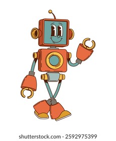 Orange robot and cyborg groovy funny character. AI virtual assistant droid cartoon cute character, chatbot robot isolated vector 60s vintage funny character. Alien cyborg android retro happy personage