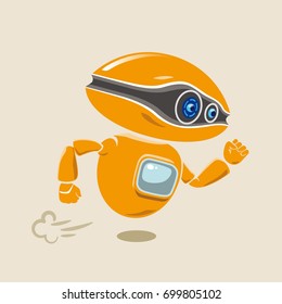 Orange robot flying fast in a hurry. Vector illustration.