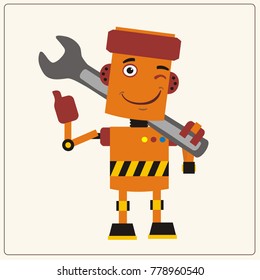 Orange robot with the large wrench on her shoulder in cartoon style shows "like".