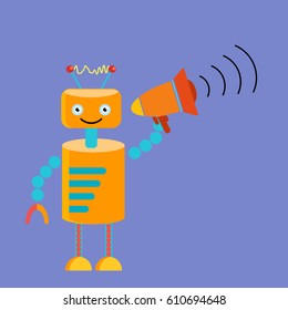 Orange robot with megaphone in hand. Announce concept