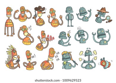 Orange Robot Set Of Cartoon Outlines Portraits