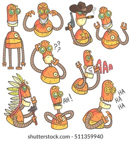 Orange Robot Set Of Cartoon Outlines Portraits