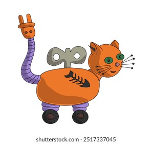 Orange robot in the shape of a cat with a winding key. Vector illustration on a white background