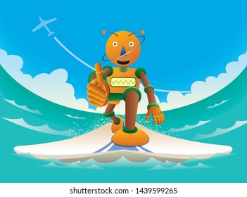 Orange robot surfer rides the ocean wave. 