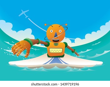 Orange robot surfer rides the ocean wave. 