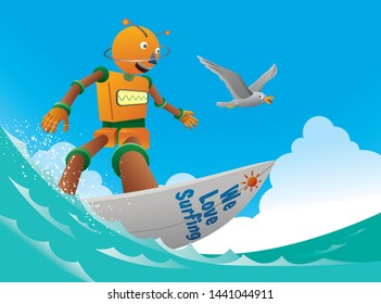 Orange robot surfer rides the ocean wave  with seagull. 