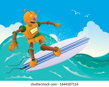 Orange robot surfer rides the ocean wave. 
