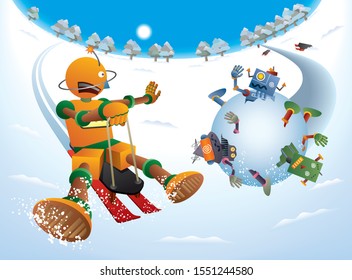 “it's dangerous!”  An orange robot that seems to collide with the rolling snowball robots.
