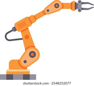 Orange robotic arm with gripper performing automated tasks in industrial setting, showcasing advanced automation technology