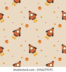 Orange rocket cartoon so cute. On Saturn star background. Pattern seamless vector illustration. 