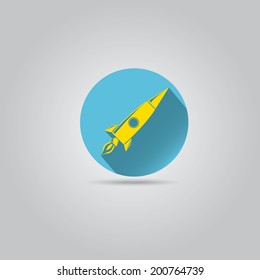 orange Rocket flat icon with long shadow on stylish blue background. vector illustration