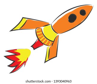 An orange rocket flying high with red hot flame vector color drawing or illustration