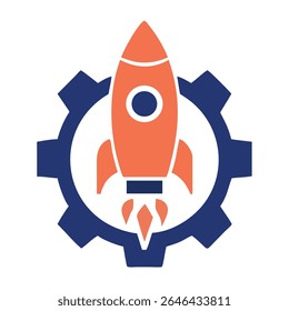 Orange rocket launching from blue gear space engine