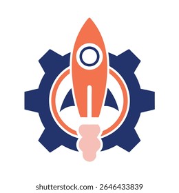 Orange rocket launching from blue gear engine space