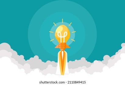Orange Rocket lightbulb soars above the cloud at power speed on blue background. Business idea concept for presentation, banner, poster, web, and wallpaper. Vector illustration Flat cartoon design.