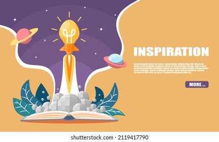 Orange Rocket lightbulb soars above the book at power speed on yellow background. Inspiration, a Business idea concept for presentation, banner, poster, and wallpaper. Vector illustration Flat cartoon