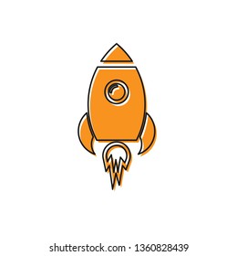 Orange Rocket ship with fire icon isolated on white background. Space travel. Vector Illustration