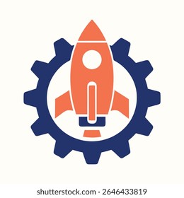 Orange rocket ship inside blue gear symbol space launch