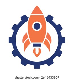 Lanzamiento de la nave cohete naranja a través de una nave espacial de engranaje azul