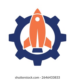Orange Raketenschiff startet durch blaues Getriebe Weltraummotor