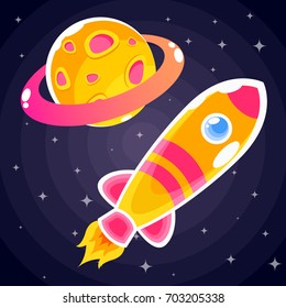 An orange rocket sticker with pink stripes and blue portholes that flies past an orange planet with a pink ring and craters