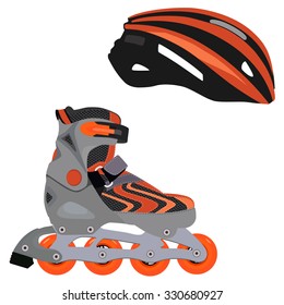 Orange rolerblade and helmet vector, rollerskating, rollerblading. Sport equipment