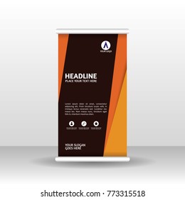 Orange roll up banner design brochure flyer vertical template, vector x-banner and street business flag-banner, cover presentation abstract geometric background vertical layout.