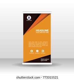 Orange roll up banner design brochure flyer vertical template, vector x-banner and street business flag-banner, cover presentation abstract geometric background vertical layout.