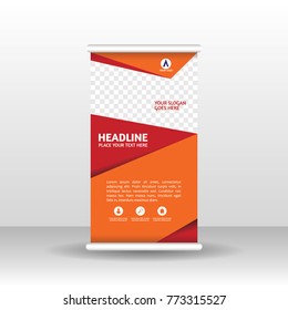 Orange roll up banner design brochure flyer vertical template, vector x-banner and street business flag-banner, cover presentation abstract geometric background vertical layout.
