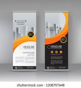 Orange Roll up banner stand brochure flyer vertical template design, covers ,infographics ,vector abstract geometric background, modern x-banner and flag-banner advertising design element