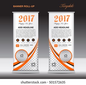 Orange roll up banner template, banner design, stand template, display template, pull up, happy new year 2017