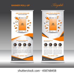 Orange Roll up banner  template and Mobile infographics, stand display advertisement flyer vector