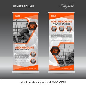 Orange Roll up banner template vector, roll up stand, banner design, flyer, advertisement, polygon background, poster